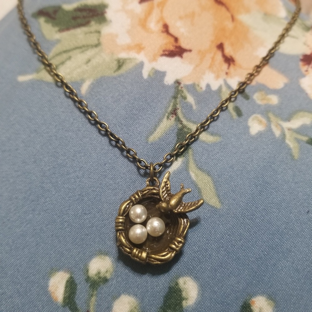 Antique Gold and Pearl Bird Nest Necklace - Picture 3 of 8